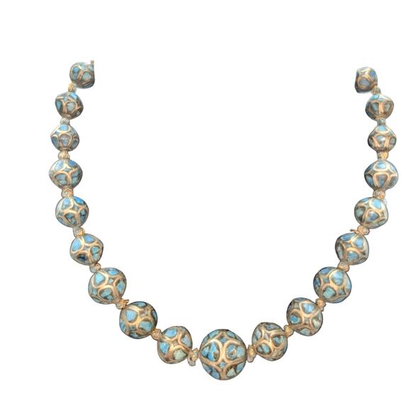 Antique Hand Made Ethnic Turquoise Inlay Non-Magnetic Graduated Bead Necklace - Picture 2 of 12